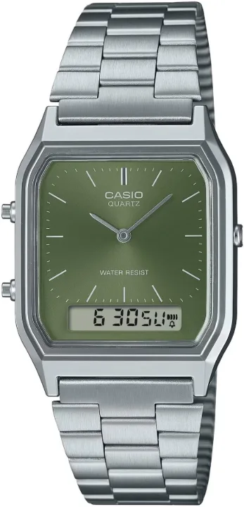 Zegarek Casio Vintage AQ-230A-3AMQYES – zegarek męski kwadratowy zielona tarcza, stalowa bransoleta
