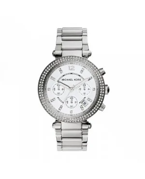 Zegarek damski Michael Kors Parker MK5353 srebrny z cyrkoniami i chronografem