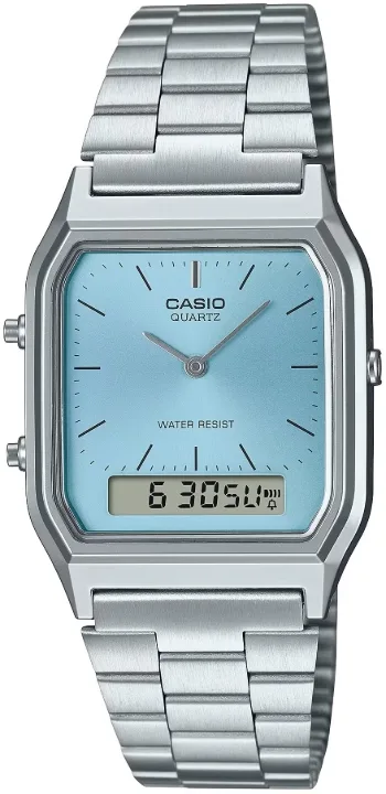 Srebrny zegarek Casio AQ-230A-2A1MQYES Vintage – Retro, Błękitna Tarcza, Dual Time